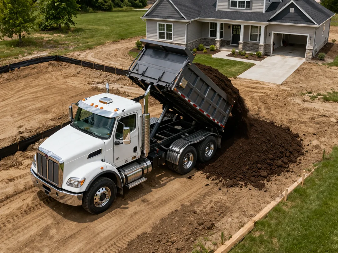 Professional dump truck delivering high-quality topsoil to a residential project